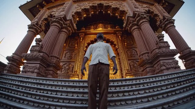 Man standing at the stairs of a Buddhist temple, while on an adventure trip. Travel video.