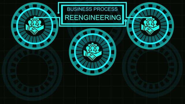 Business strategy process with interconnected icons and glowing globe planning success - Powered by Adobe