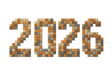 2026 year illustration showing small square tiles forming numbers on transparent background