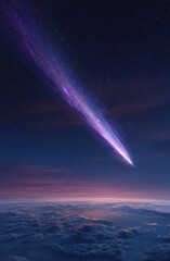 A vibrant comet streaks across a twilight sky, viewed from above a layer of clouds, showcasing a spectacular display of celestial beauty.