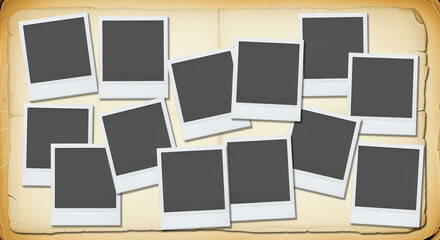 Assorted blank photo frames with classic white Polaroid-style borders arranged randomly on a vintage scrapbook album page, creating a nostalgic memory template.