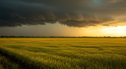 Fototapeta premium Golden rice field dramatic stormy sky