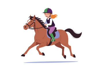 Young girl riding a chestnut horse at a fast pace across a white background
