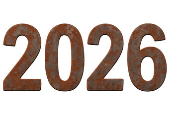 Rusty metal number 2026 showing future year on transparent background