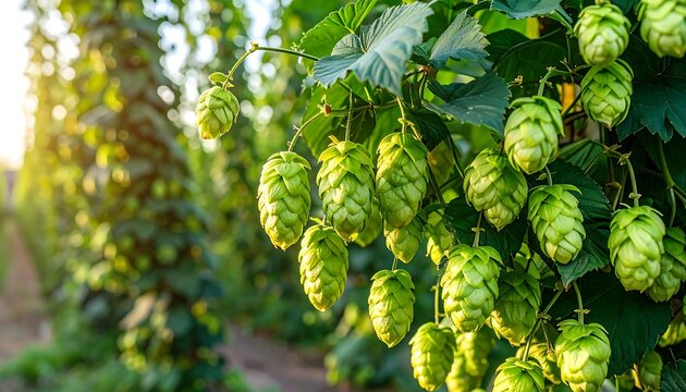 Lush, vibrant hop cones hang from leafy vines in a sun-drenched hop garden.