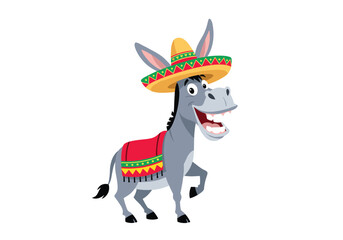 Happy donkey wearing sombrero festive mexican animal character