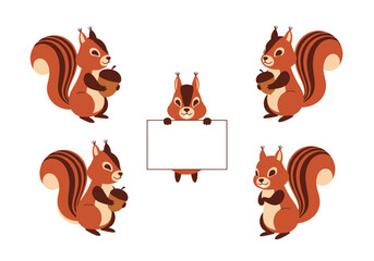 Cute squirrels holding acorns and a blank sign adorable forest animals cartoon