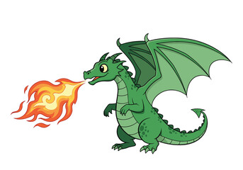 A friendly green dragon breathes fire in a magical fantasy illustration