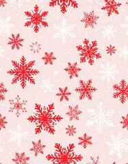 Red and white snowflakes on a light pink background