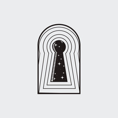 Surreal black and white vector of a cosmic keyhole with stars and stairs, symbolizing mystery, dreams, and spiritual gateways.