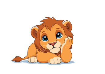 Adorable cartoon baby lion cub resting its head and looking dreamy