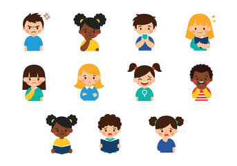 Diverse children showing various emotions and activities