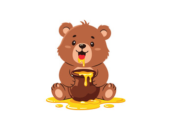 Cute cartoon bear enjoying a delicious pot of sweet honey