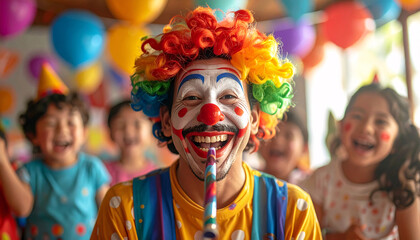 Cheerful Clown with Red Nose and Colorful Costume Smiling at Birthday Party Surrounded by Happy Children with Balloons and Confetti in Festive Celebration