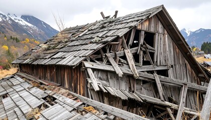 Damaged wooden cabin in autumn landscape