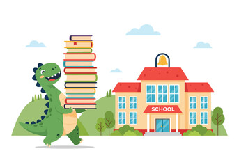 Happy dinosaur carrying stack of books towards school building