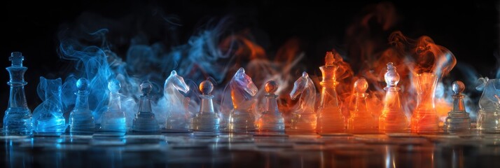 Blue and Orange Fire Chess Battle on Glass Board