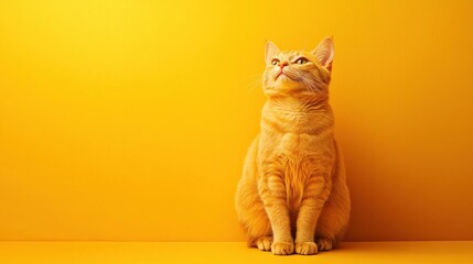 A ginger cat sitting against a yellow background.