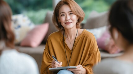 Group coaching session in a cozy living room with an engaging facilitator and attentive participants