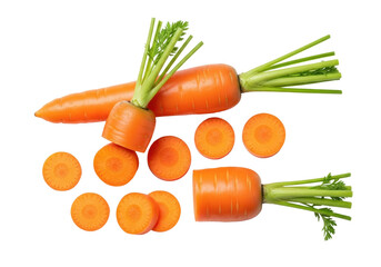 Two fresh, vibrant orange carrots with green tops and precise slices, dewy and crisp, isolated on seamless transparent background with copy space, concept of wholesome nutrition