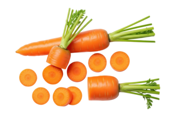 Two fresh, vibrant orange carrots with green tops and precise slices, dewy and crisp, isolated on seamless transparent background with copy space, concept of wholesome nutrition