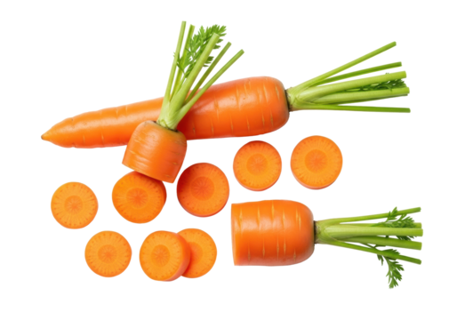 Two fresh, vibrant orange carrots with green tops and precise slices, dewy and crisp, isolated on seamless transparent background with copy space, concept of wholesome nutrition