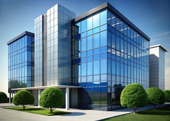 Modern glass office building with lush green landscaping