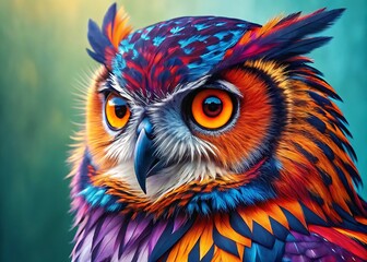 Vibrant abstract owl portrait with fiery orange eyes