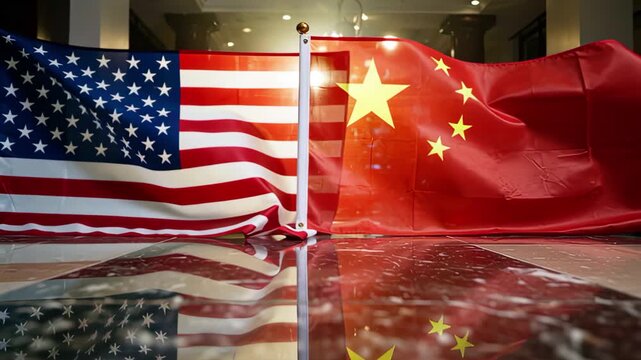 USA and China National Flags Displayed Indoors with Reflection