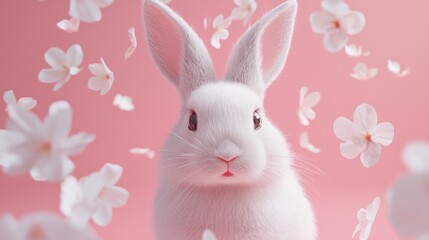 A white rabbit with pink ears and a pink nose, surrounded by white flowers on a pink background.