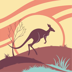 a kangaroo leaps gracefully at sunset over grassy hills