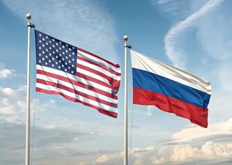 American and russian flags waving together against a cloudy sky