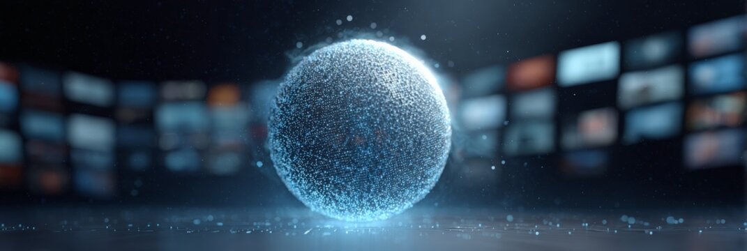 Glowing sphere of data processing information from multiple screens in a futuristic server room, representing the power of artificial intelligence