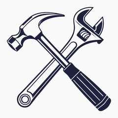 a hammer and wrench crossed over each other