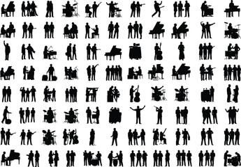 Silhouettes of musicians playing instruments, people singing, music band performing, various instruments, concert scene, black vector figures, live music performance, artistic design