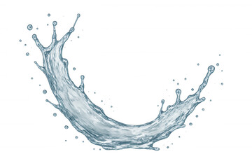 Water stream curving, cascading with dynamic droplets and rippling texture, symbolizing pristine clarity against translucent backdrop
