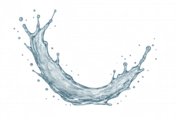 Water stream curving, cascading with dynamic droplets and rippling texture, symbolizing pristine clarity against translucent backdrop