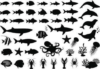 Silhouettes of various sea animals, fish, sharks, dolphins, octopus, lobsters, jellyfish, starfish, coral reefs, underwater marine life vector illustration set