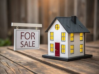 Model house with for sale sign on wooden surface