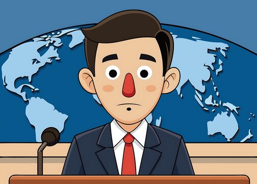 Cartoon news anchor reporting live from a studio with world map background