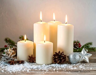 Festive, warm, white candles on rustic wooden surface with snow, fir boughs, and ornaments