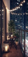 Cozy balcony overlooking a city at night, adorned with string lights and a small table.