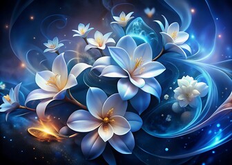 Ethereal blue flowers in a cosmic dreamscape