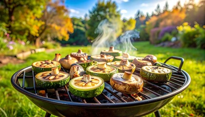 Grilled mushrooms and zucchini on a backyard BBQ