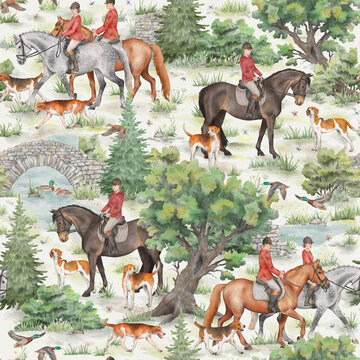Hunting Scene with Equestrians and Hounds in the Countryside. Watercolor hand drawn seamless pattern with hunters, horses, hounds, ducks and wild nature ion light background