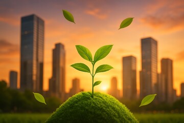 Green sprout grows in city landscape at sunset