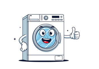 Friendly washing machine character giving thumbs up approval