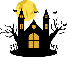 Silhouette of Spooky haunted House with Yellow Moon