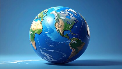 3D Earth globe, detailed map, bright blue background