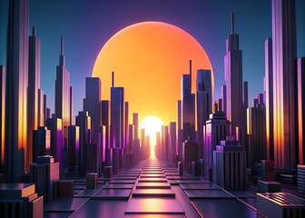 Futuristic cityscape at sunset with neon lights and tall buildings